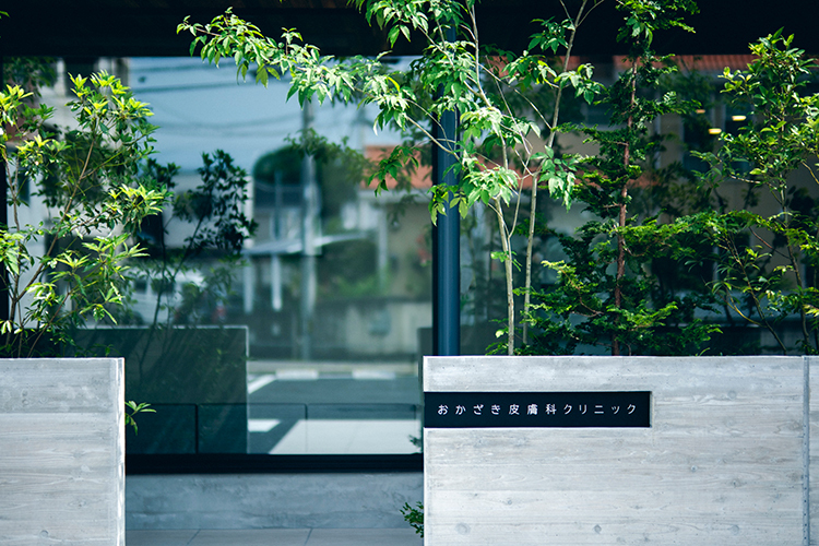 おかざき皮膚科クリニック 松山市 モダンな雰囲気で、植栽が優しく包み込む外観