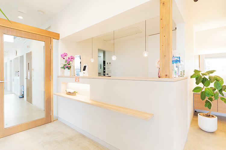 花岡歯科医院 姫路市 院内は白と木目調で統一され落ち着いた空間