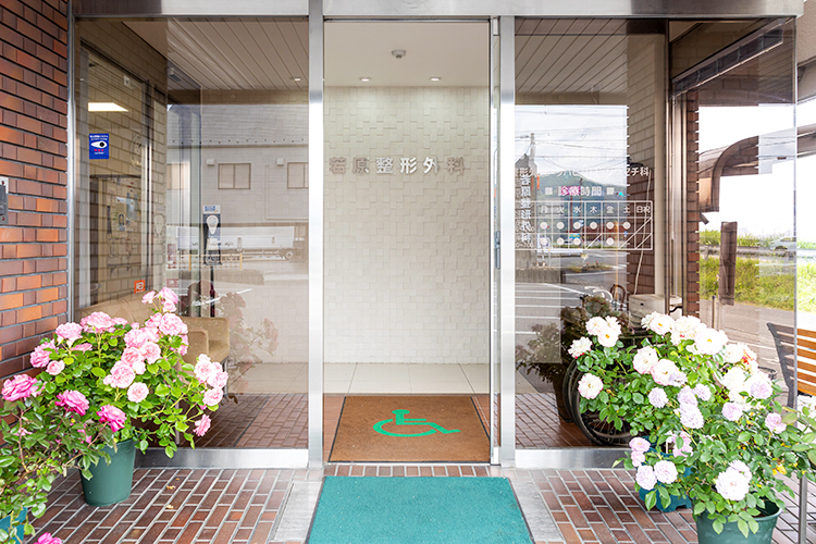 若原整形外科 揖斐郡大野町 クリニック入り口には花が咲いている