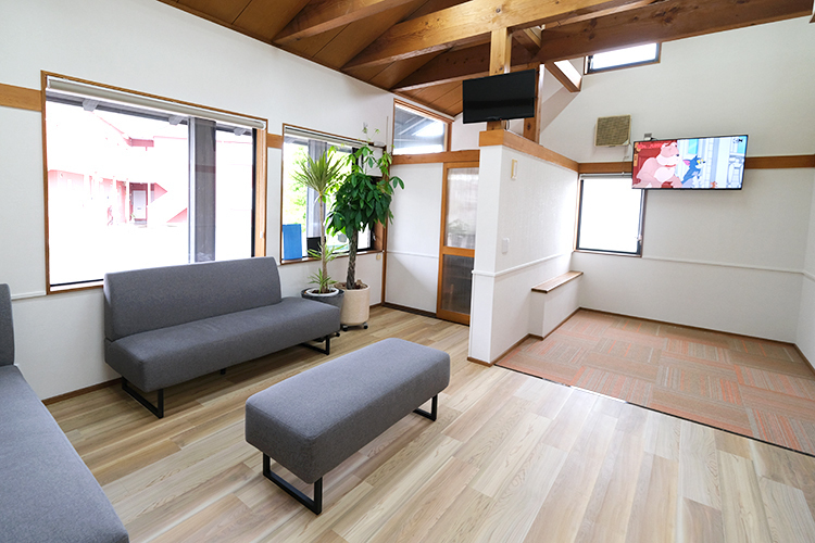 青おとなこども歯科クリニック 豊川市 木目調と白色を基調としたぬくもりある爽やかな待合室