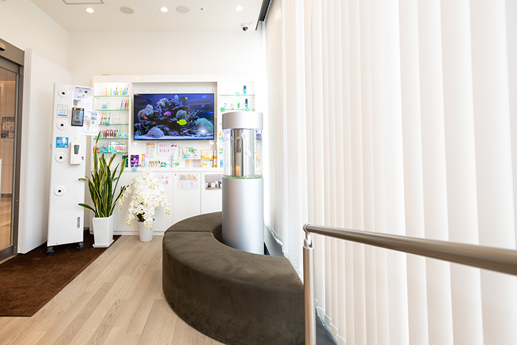 海岸歯科室CHIBA STATION 千葉市中央区 待合にはクラゲの水槽があり、癒やしの空間となっている